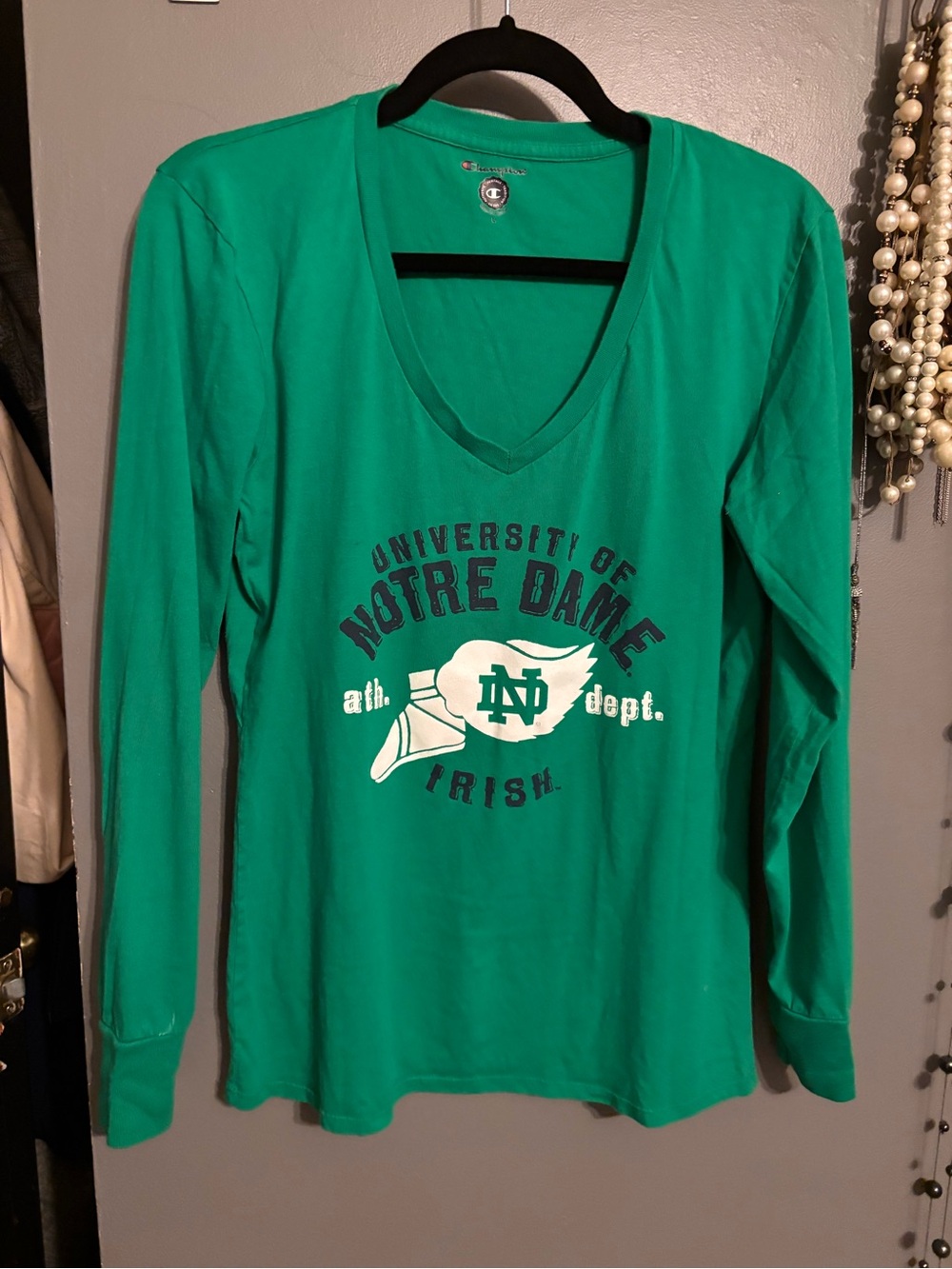 Champion Green Long-Sleeve V-Neck Notre Dame Tee